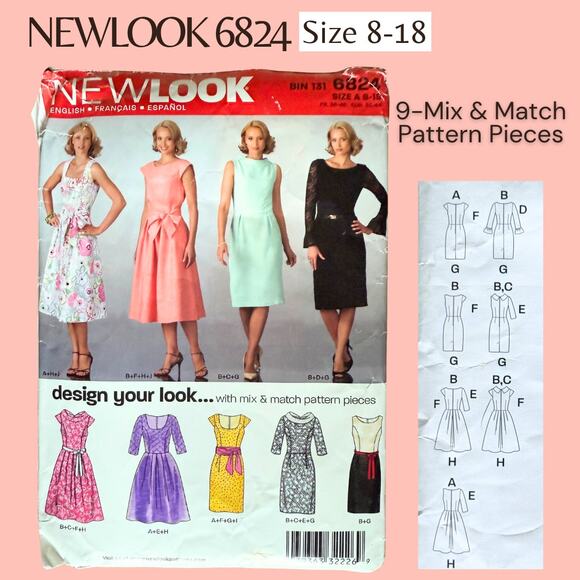 UC FF NEWLOOK 6824 Sewing Pattern 9 Pattern Pieces Mix & Match Retro Dress 8-18 - Picture 1 of 6